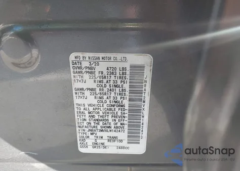 2020 Nissan Rogue S Intelligent Awd z USA, uszkodzony, nr VIN JN8AT2MVXLW142472